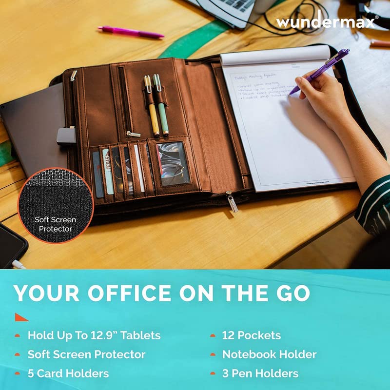 Wundermax Vegan PU Leather Portfolio with Zipper - Business Notebook Organizer for Resume - Padfolio for Men & Women w/Notepad Compatible with 10" iPad/Tablet Pocket Aesthetic School Suppliers, Brown - Image 3